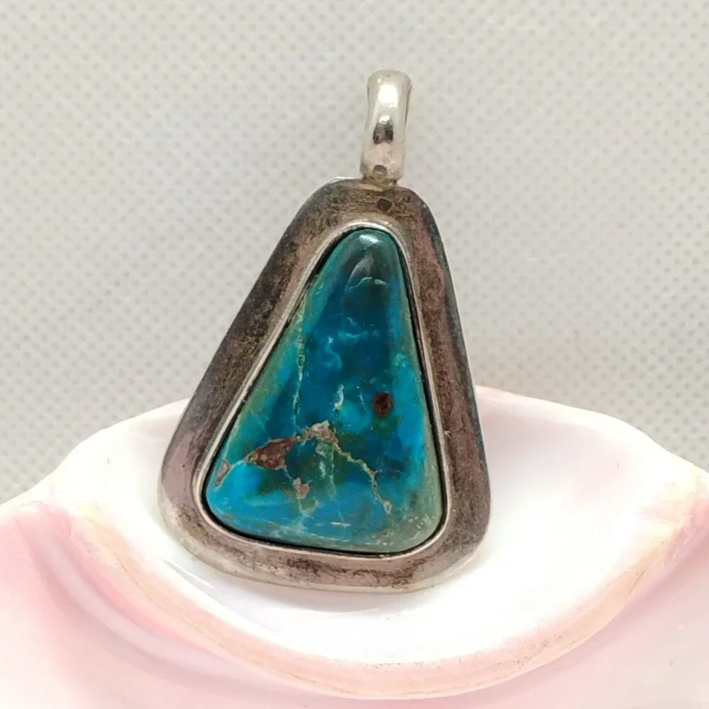 Stunning 950 Silver Blue Green Matrix Turquoise Pendant Triangle Shaped - Picture 4 of 10